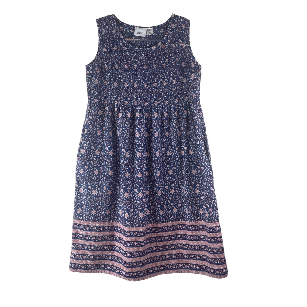 The Vermont Country Store Smocked Floral Cotton‎ Dress S Blue Pink Cottage Boho